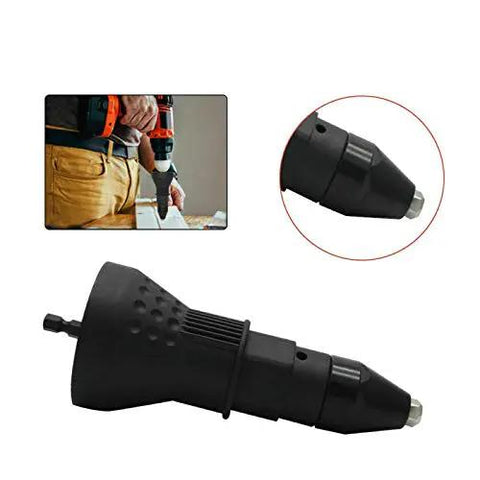 Heavy Duty Electric Rivet Gun Adapter for Cordless Drills showing swappable head detail, designed for easy riveting in home improvement.
