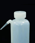 Six Pack Wide Mouth LDPE Wash Bottles With PP Draw Tube 500ml 17oz Each Lab Grade Dispensing Bottles One Piece Molded Construction Perfect For Chemistry Labs Reusable And Leak Free, single bottle side view