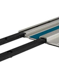 Close-up of Kickass Heavy Duty Guide Rail Connector For Precise Track Saw Cuts showing steel clips and mount design.