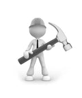 3D figure holding a large hammer, symbolizing installation or construction, wearing a hard hat and tie, white background