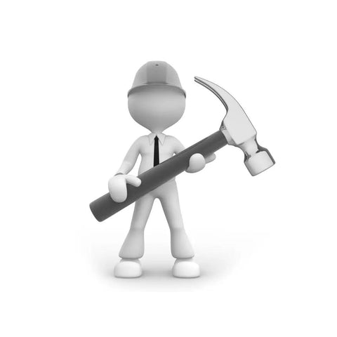 3D figure holding a large hammer, symbolizing installation or construction, wearing a hard hat and tie, white background