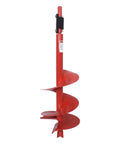 Red 12 Inch Diameter Earth Auger Bit, 36 Inch Long With Fishtail Point And Patent Shock Spring, stands upright on white background.