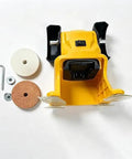 Badass Cordless Bench Grinder With 20V Max Battery And 200W Muscle shown from above with dual grinding wheels and accessories.