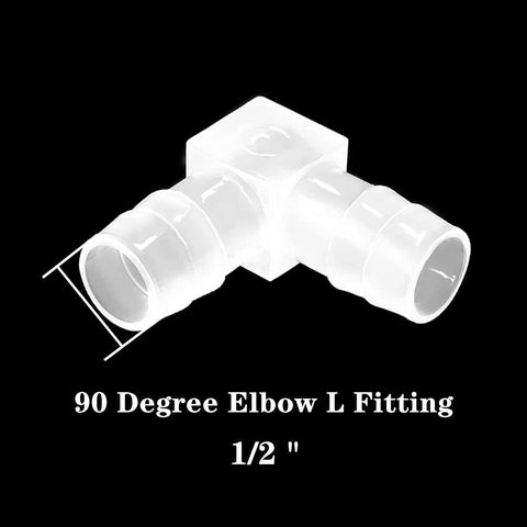 1/2 in hose barb 90-degree L-fitting, white translucent plastic, barbed hose connector