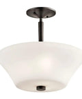 Three Light Semi Flush Mount Ceiling Light In Satin Etched Cased Opal Glass With Olde Bronze Finish, side view showing fixture details