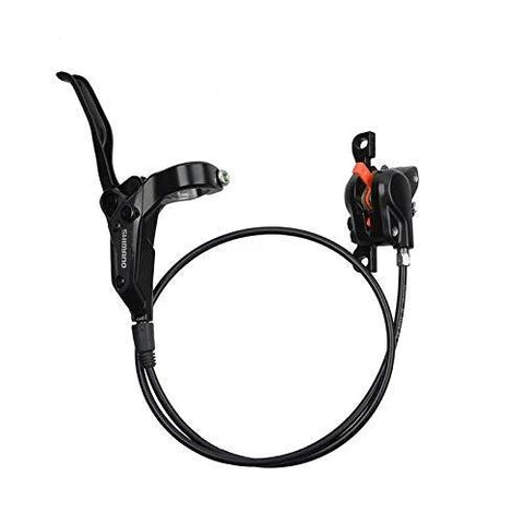 Shimano hydraulic disc brake set with black lever, caliper and hose for bicycle