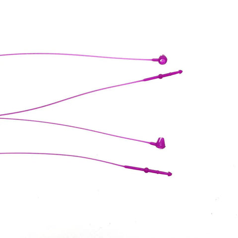 4 purple 5 inch plastic snap lock pins showing self-locking design for tagging apparel and luggage, 1000 Pack Premium Purple 5 Inch Plastic Snap Lock Pins Rock Solid Security Loop Tags Go To Choice For Apparel Clothing And Luggage Top Quality Fasteners.