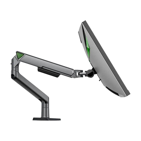 Heavy Duty Adjustable Monitor Mount angled view showcasing ergonomic support for efficient desk use. Boost Your Desk Game With This Heavy Duty Adjustable Monitor Mount And Rugged Desk Clamp That Holds Firm Without Any Sweat While Offering Slick Ergonomic Screen Support.