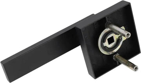 Back view of a matte black dummy door lever interior handle showing installation details for closets and pantry doors, non-turning.