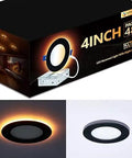 48 Pack 4 Inch LED Recessed Lights With Night Light Mode Ultra Thin Black Trim Downlights showing lights in packaging and two color modes.