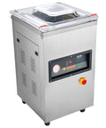 Front view of stainless steel VEVOR chamber vacuum sealer with transparent lid and LED control panel.
