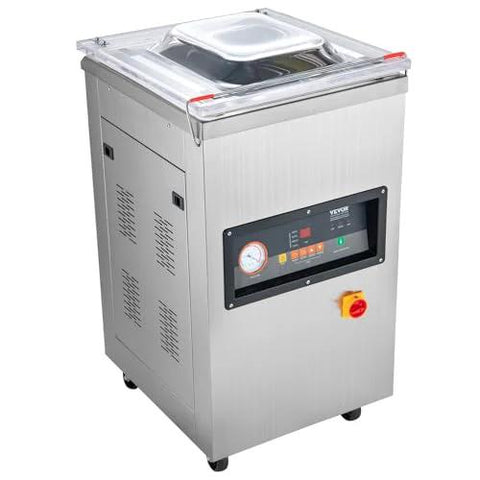 Front view of stainless steel VEVOR chamber vacuum sealer with transparent lid and LED control panel.