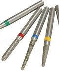 Killer Performance 50 Pc Diamond Burs FG Shank Dental Bits With Natural Diamond Coating And Rugged Stainless Steel Shafts To Crunch Through Any Material Fast While Delivering Pro Results You Can Trust Every Time, five diamond burs with varying shapes.