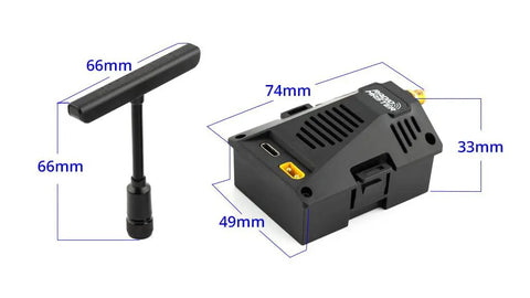 Ranger Micro 2.4GHz ELRS Module for TX16S TX12 MKII Radios with detachable T-shape antenna, showing dimensions of module and antenna.