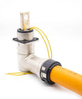 Top Tier Hvil High Voltage Connector For Electric Trucks 1 Pin Metal Plug And Socket 500A Right Angle view with yellow wire.