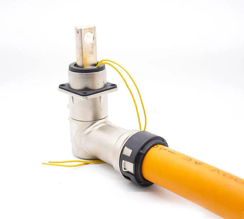 High Voltage Electric Vehicle Power Connector 500 Amp Heavy Duty 1 Pin Metal Right Angle Plug close-up with yellow wire.