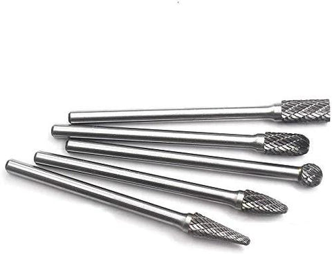 Carbide burrs set, 5 pcs with 1/4 in shanks, extended long double-cut heads for die grinders