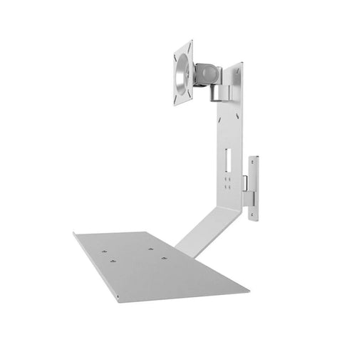 Heavy Duty Aluminum Wall Mounted Monitor Arm With Adjustable Keyboard Tray, grey monitor bracket with shelf for home office use.
