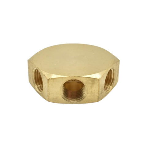 Brass Flat Hex Pneumatic Manifold FPM44R 3 Way Outlets 1/4 Inch NPT Female Inlets and Outlets, front view