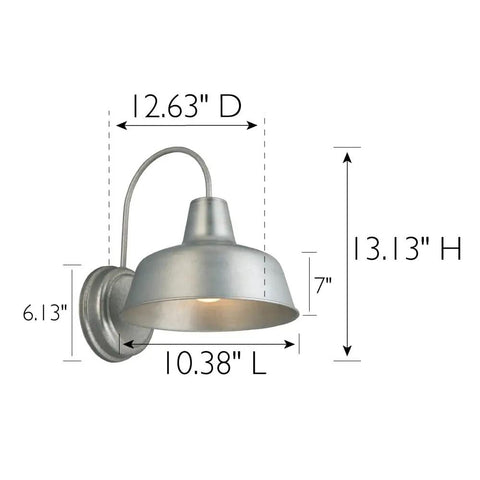 Gooseneck Barn Light Mason Farmhouse Outdoor Wall Sconce in galvanized gray with dimensions and measurements
