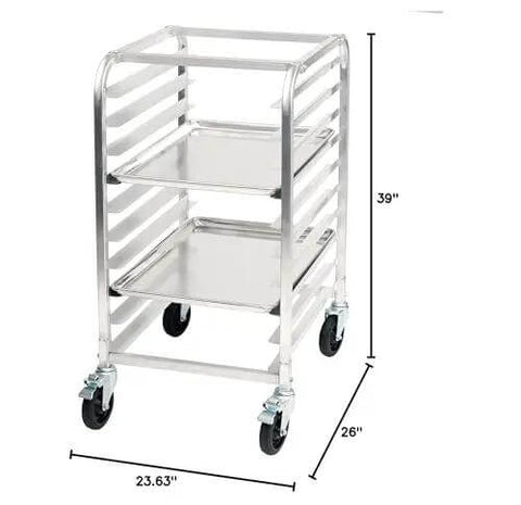 Ten Tier Aluminum Sheet Pan Rack With Brake For Commercial Kitchens And Bakeries, showing 23.63 x 26 x 39 inch dimensions, side view