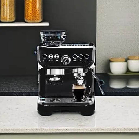 All-In-One Espresso Machine With 15 Bar Pressure, Built-In Bean Grinder, Milk Frother And Steam Wand on kitchen counter