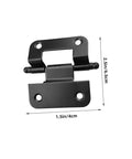 Front view of black iron heavy-duty cabinet door hinge, 1.5in wide by 2.5in tall, self-closing embedded design.