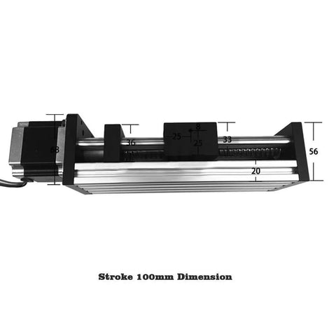 DC 24V Linear Module With Nema 23 Guide Stage Rail Motion Slide Table Ball Screw Actuator For CNC And 3D Printer Parts Low Noise Operation Built Tough For Smooth Linear Travel And High Precision Easy Mounting Compatible With 1204 1605 1610, stroke 100mm side view