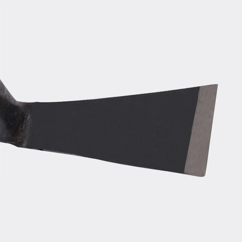 Close-up of the blade on a 15.7 Inch Garden Pick Dual Head Weeding Mattock Hoe Tool with High Carbon Steel Construction for yard work.