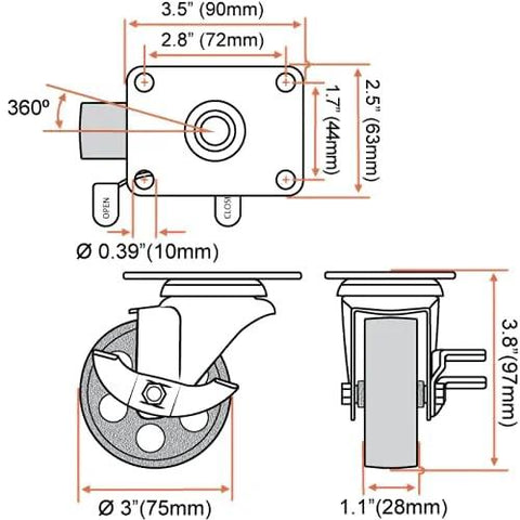 FactorDuty 3-inch all-black metal swivel plate caster with brake lock; heavy-duty steel wheel.