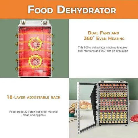 Top Tier Commercial Food Dehydrator With Heavy Duty Stainless Steel Trays, No Hassle Digital Timer And Precise Heat Guard for 360° heat and 18-layer adjustable rack.