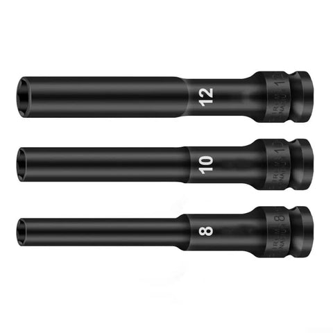 Heavy Duty 3PCS Chrome Vanadium Socket Adapter Set For Impact Wrench Fits 8mm 10mm And 12mm Hex Heads With Sweet 1/2 Inch Drive Interface Totally Rock Solid Gear Head Upgrade, black adapters with 12, 10, 8 markings