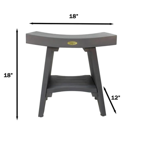 18 Inch Teak Shower Bench Stool Waterproof Non Slip With Full Length Shelf For Inside Shower Heavy Duty Safety Storage And Organization For Bathroom Accessories shown with dimensions