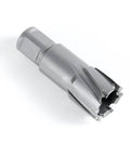 Oscarbide carbide TCT annular cutter with Weldon shank, silver metal, side view