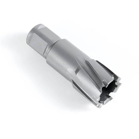 Oscarbide carbide TCT annular cutter with Weldon shank, silver metal, side view