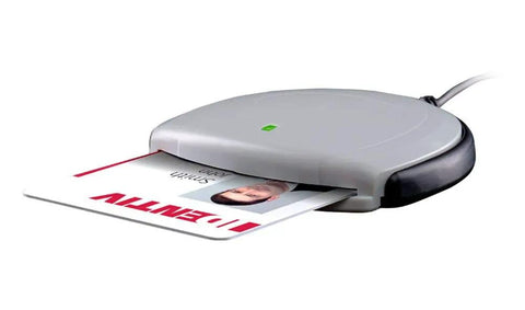 SCR3310v2.0 USB Smart Card Reader Plug And Play Convenience with ID card inserted in reader, compact design for secure access.