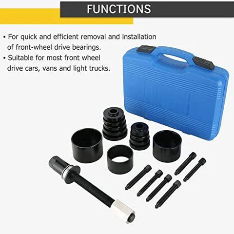 Front Wheel Drive Bearing Puller Set Universal Bearing Press Replacement Tool Kit 19 Piece shown with blue carrying case and tools