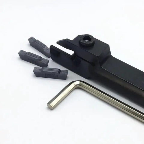 Pro Grade Lathe Tool Part Kit with MGMN200-G PC9030 inserts and 2525-2 CNC lathe tool holder displayed with Allen key