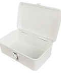 Heavy Duty Vintage White Metal Toolbox Featuring A Tight Snap Shut Locking Latch Tin Storage Case open with white interior for organizing gear.