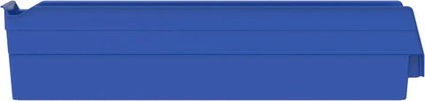 Side view of a blue heavy duty plastic shelf bin, 18x4x4 inches, for garage and closet organization, part of a versatile 12 pack.
