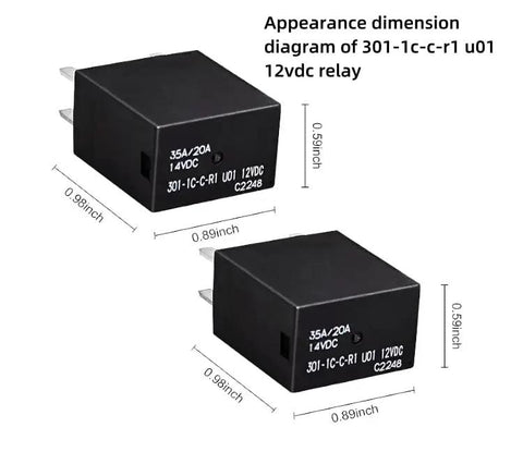 Diagram of 12VDC Relay Model 301-1C-C-R1-U01 with dimensions; part of Four Pack 12V DC Automotive Relays SPDT 35A 5 Pin High Current Power Relay