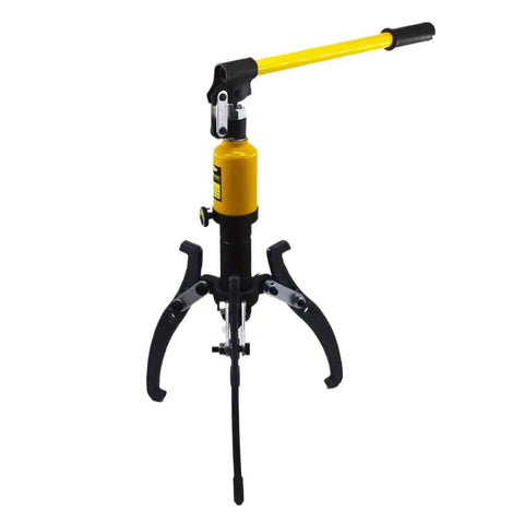 Heavy Duty Five Ton Hydraulic Gear Puller With Tough Swappable Two And Three Jaw Bars For No Bull Wheel Bearing Extraction And Reliable Shaft Separation, viewed from the front with yellow handle.