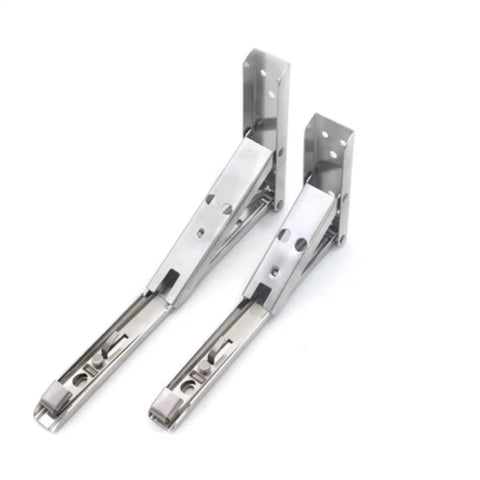 Stainless Steel Foldable Shelf Brackets Wall Mounted 2 Pack Triangle Corner Supports With Spring Loaded Mechanism shown unfolded