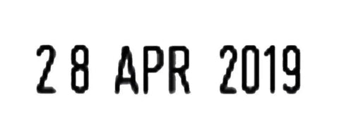 Close-up of printed date '28 APR 2019' from Compact Self Inking Date Stamp With Military Day Month Year Layout For Daily Logistics And Tracking Forms Using Fast Dry Black Ink Cartridge To Give Your Paperwork A Slick Heavy Duty Finish And Zero Hassle Every Time.