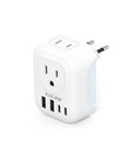 Six In One European Travel Plug Adapter With Two AC Outlets And Four USB Ports Including Two USB C, side view, white color