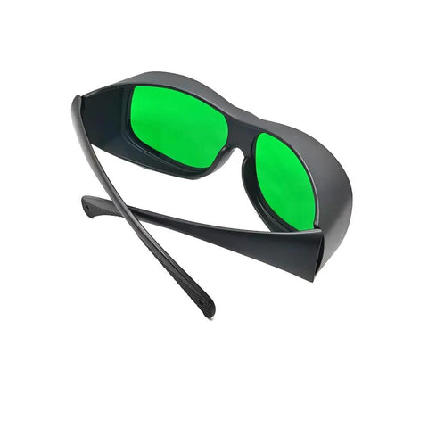 Hella Super Slick Dual Wave Laser Blocking Shades For Red And Infrared Beams Wavelengths Od3 Plus And Od5 Plus in black with green lenses.