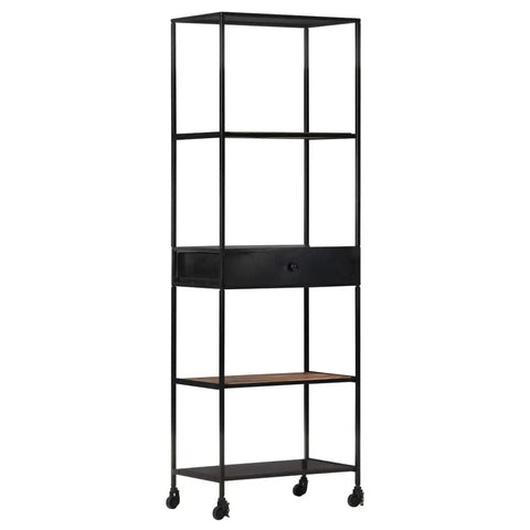 Rough Mango Wood Bookcase With Iron Accents Dope Industrial Style Four Shelf Cabinet With Drawer Tall 70.9 Inch Storage Shelf