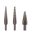Step Drill Bit Set 3 Piece With M 35 Cobalt Alloy Steel Built For Tough Steel SpeedPoint Start Radial Concave Flute Laser Marked Sizes