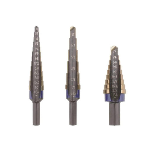 Step Drill Bit Set 3 Piece With M 35 Cobalt Alloy Steel Built For Tough Steel SpeedPoint Start Radial Concave Flute Laser Marked Sizes