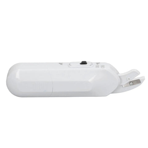 Ultra Slick Cordless Electric Scissors For Fabric Cutting And Crafting Projects Deliver Lightweight Portable Build With Razor Sharp Metal Blades Plus Dual Power Options For Hassle Free Sewing On The Go, side view.